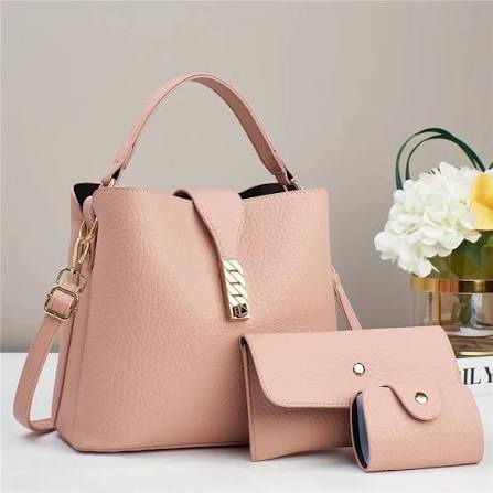 3in1 peach color ladies handbag mini size bucket shape leather handbag